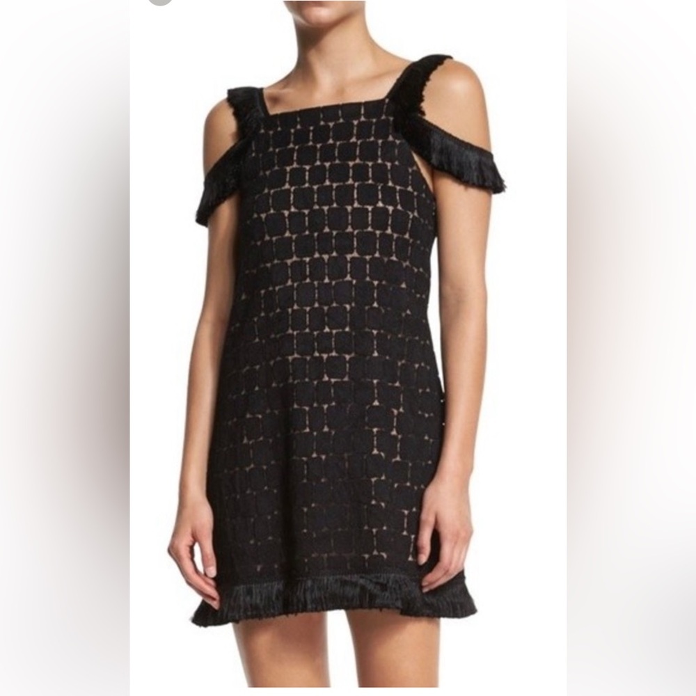 Alexis Jasmine Black and Tan Fringe Trim Low Back Lined Sleeveless Mini Dress